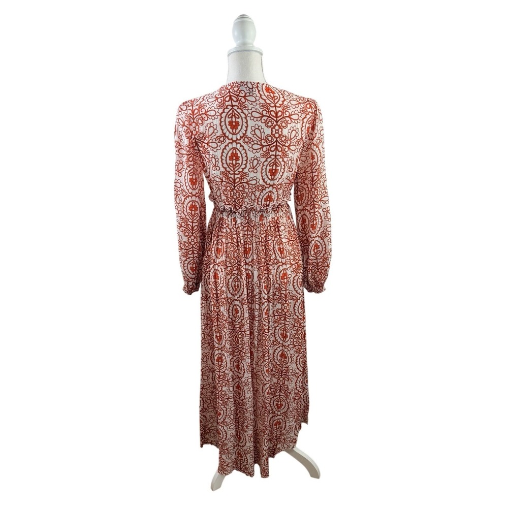 Aakaa Orange and White Paisley Flowy Boho Duster Tie Waist Open Longsleeve XS - Picture 6 of 11